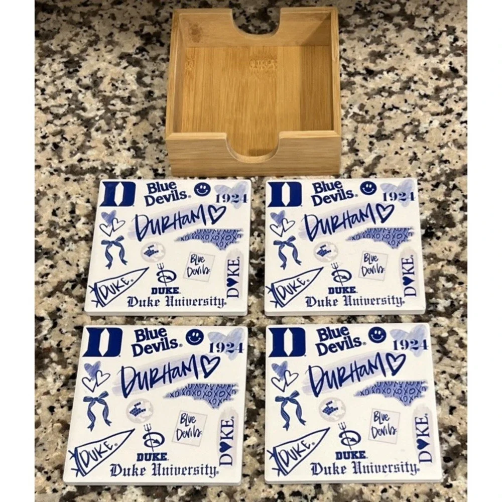 New Duke Blue Devils Slate Drink Set Of 4 Square Coasters With Wooden Holder